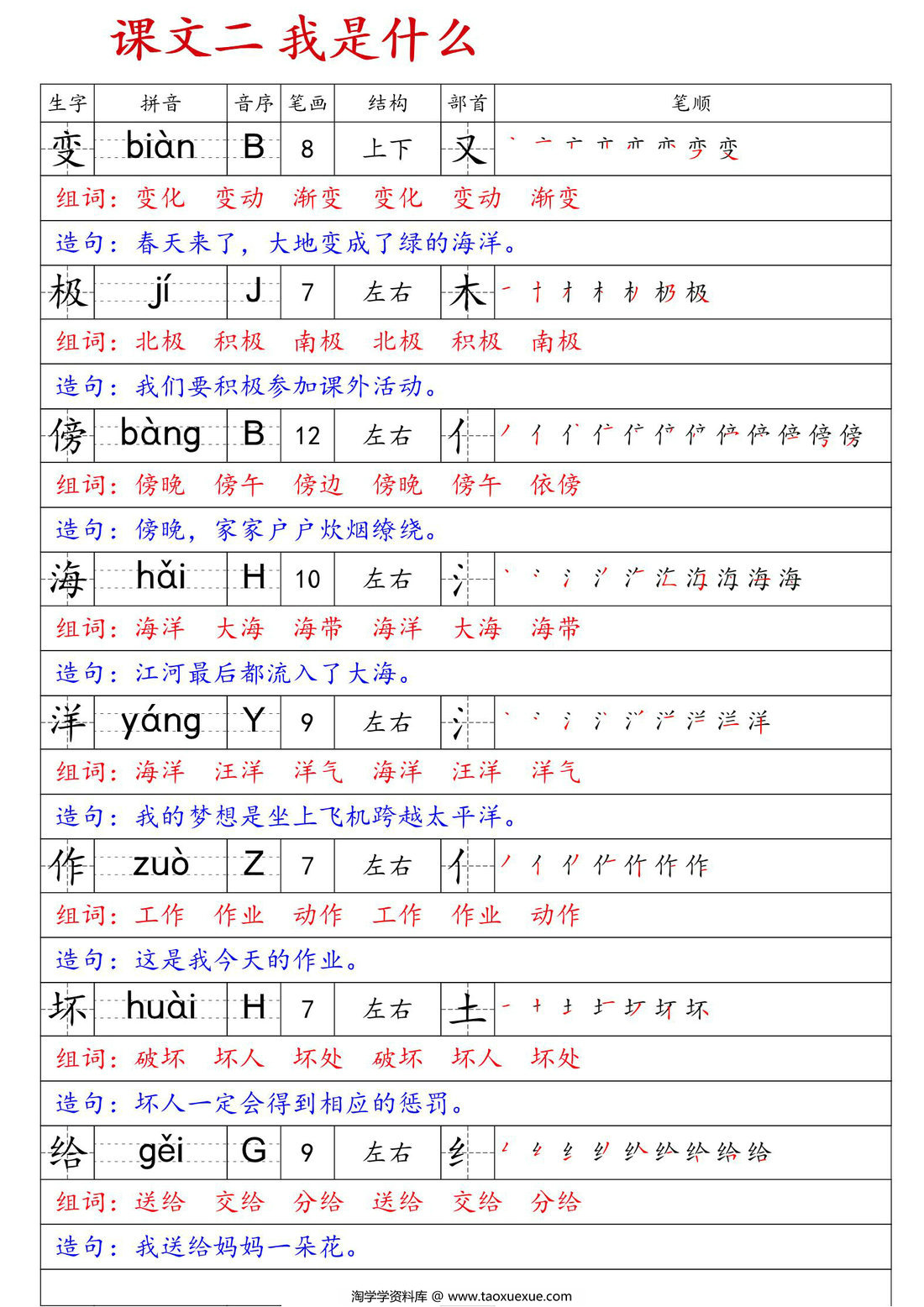 图片[2]-二年级上册语文生字预习卡（生字拼音笔画笔顺组词造句），24页PDF电子版-淘学学资料库