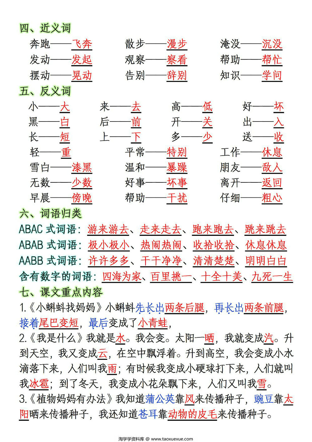 图片[2]-二年级上册语文第一单元重点必背九大考点，3页PDF电子版-淘学学资料库