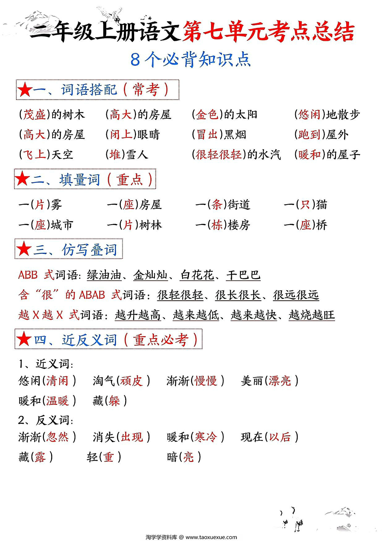 图片[1]-二年级上册语文第七单元考点总结8个必背知识点（含空白版），4页PDF电子版-淘学学资料库