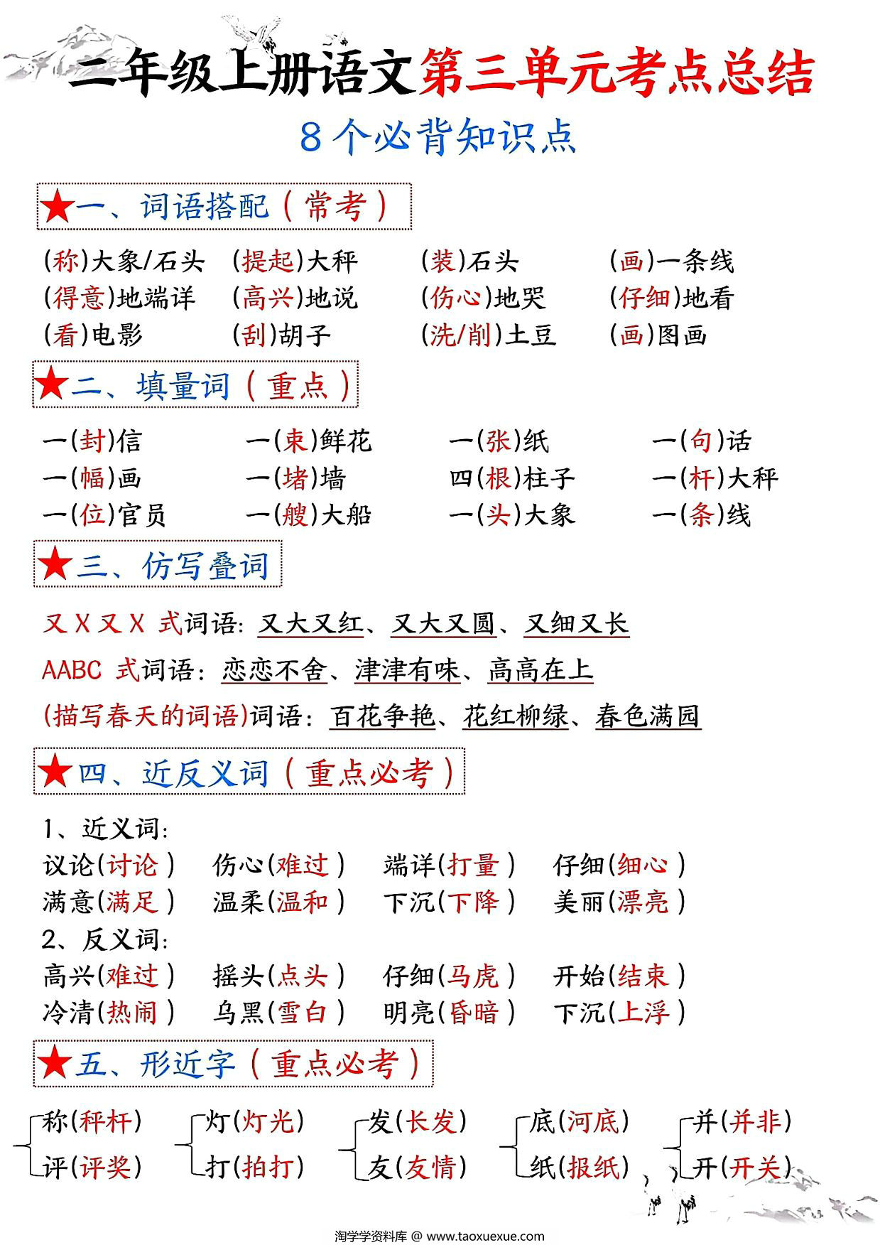 图片[1]-二年级上册语文第三单元考点总结8个必背知识点（含空白版），4页PDF电子版-淘学学资料库