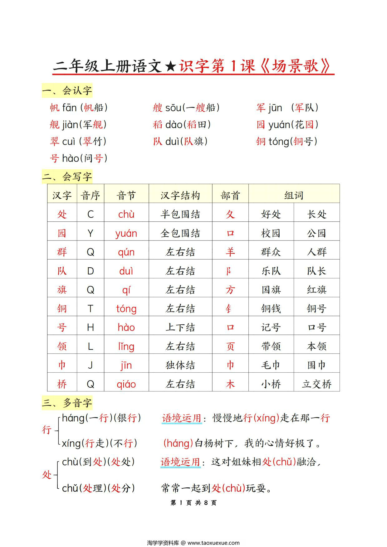 图片[1]-二年级上册语文第二单元每课知识汇总，8页PDF可打印-淘学学资料库