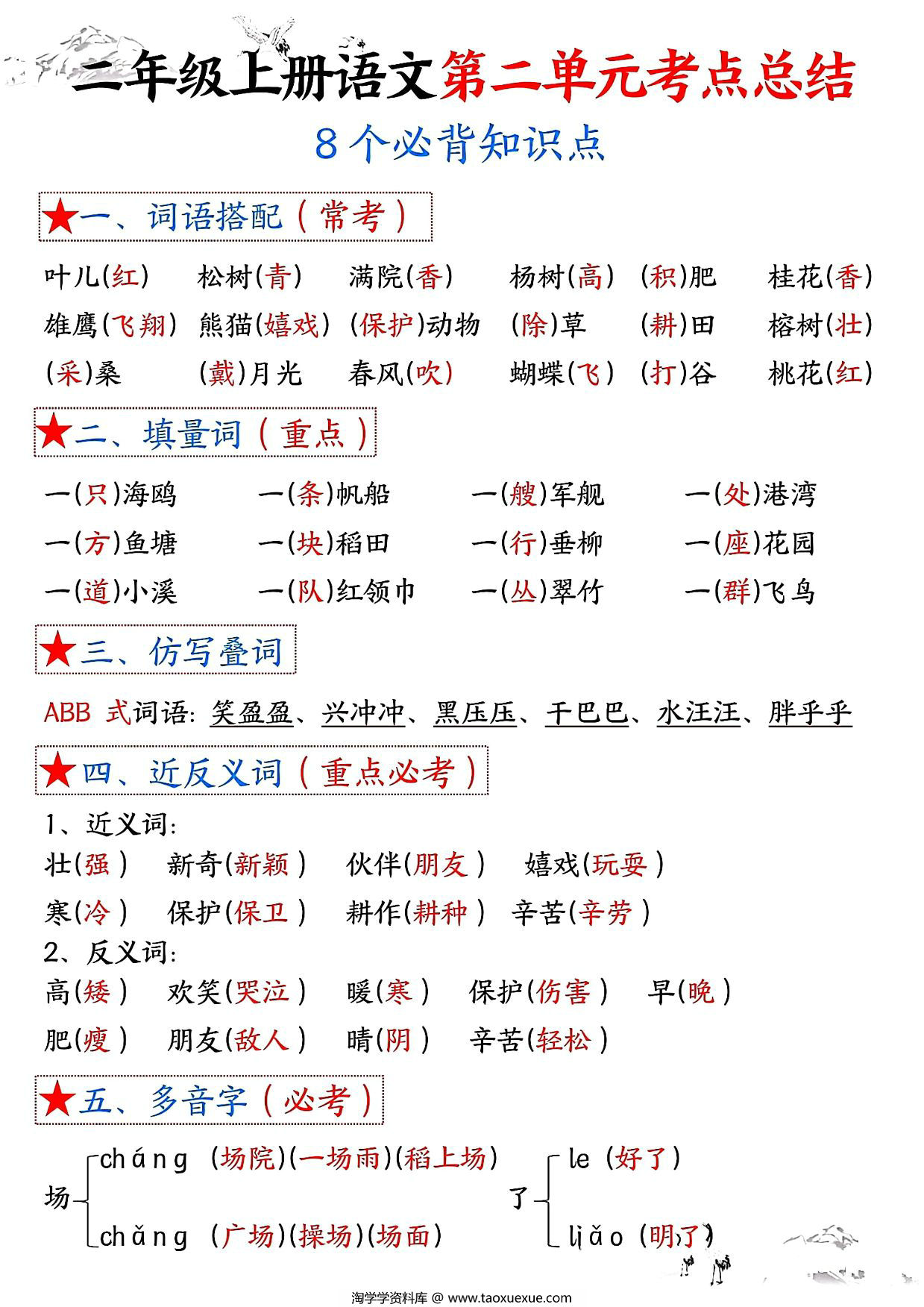 图片[1]-二年级上册语文第二单元考点总结8个必背知识点（含空白版），4页PDF可打印-淘学学资料库