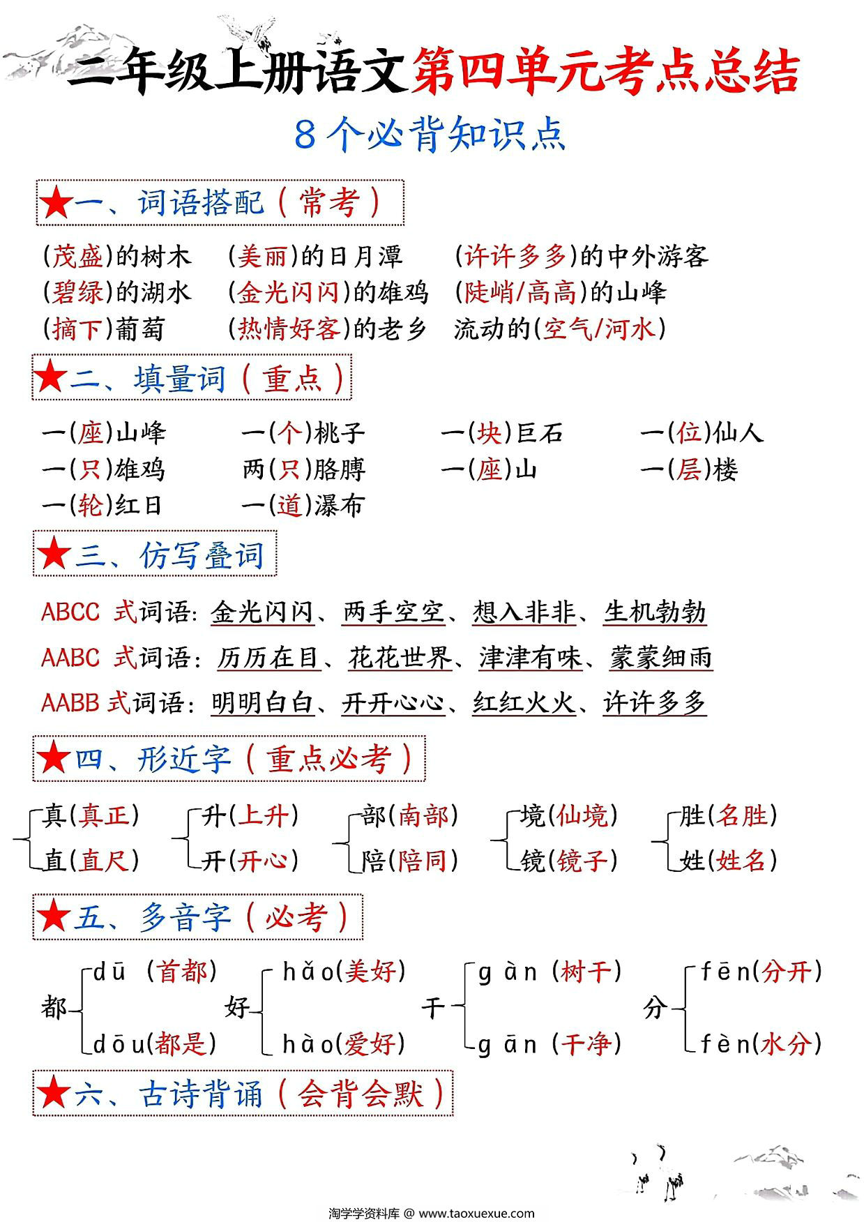 图片[1]-二年级上册语文第四单元考点总结8个必背知识点（含空白版），4页PDF可打印-淘学学资料库