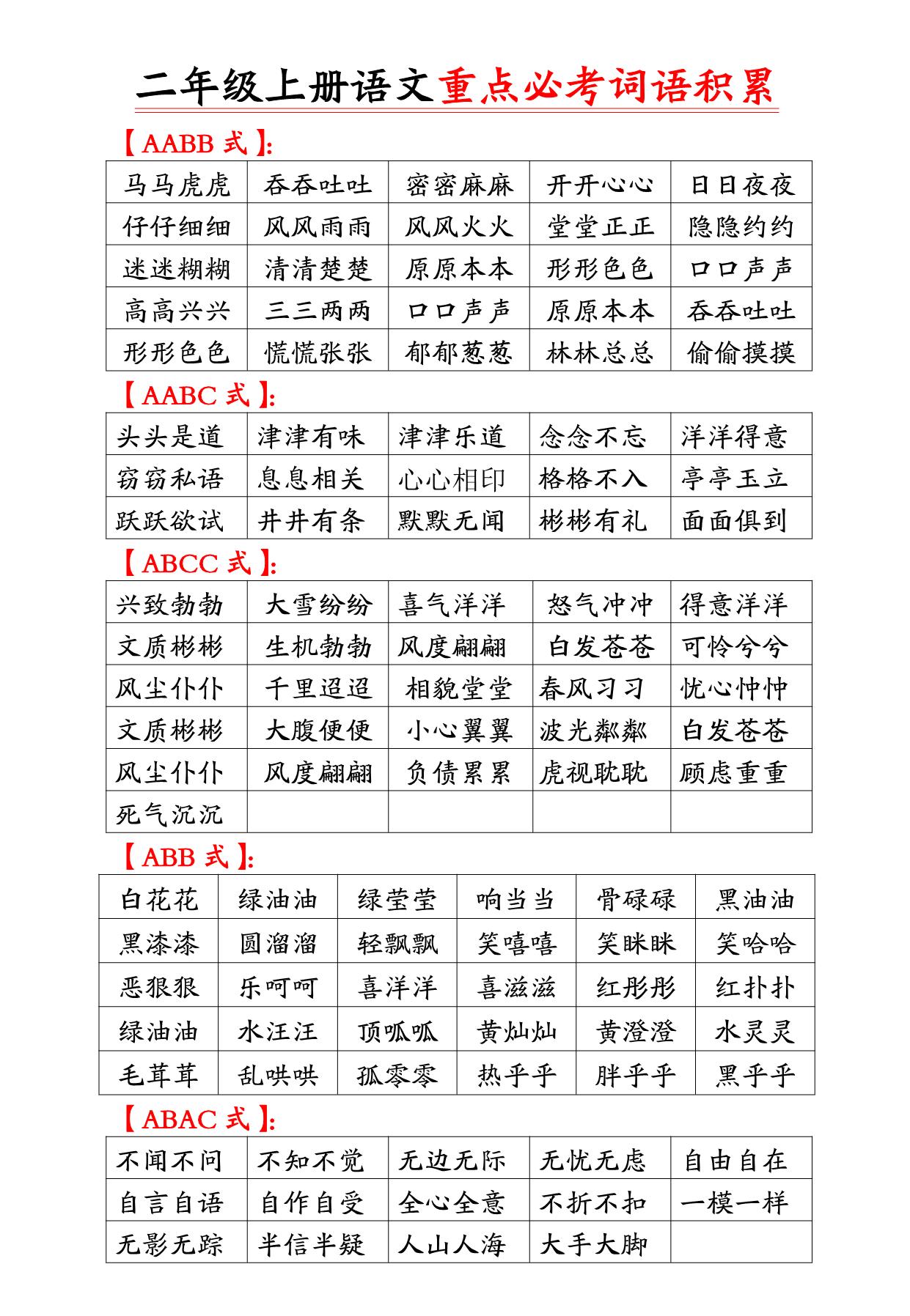 图片[1]-二年级上册语文重点必考词语积累，6页PDF可打印-淘学学资料库