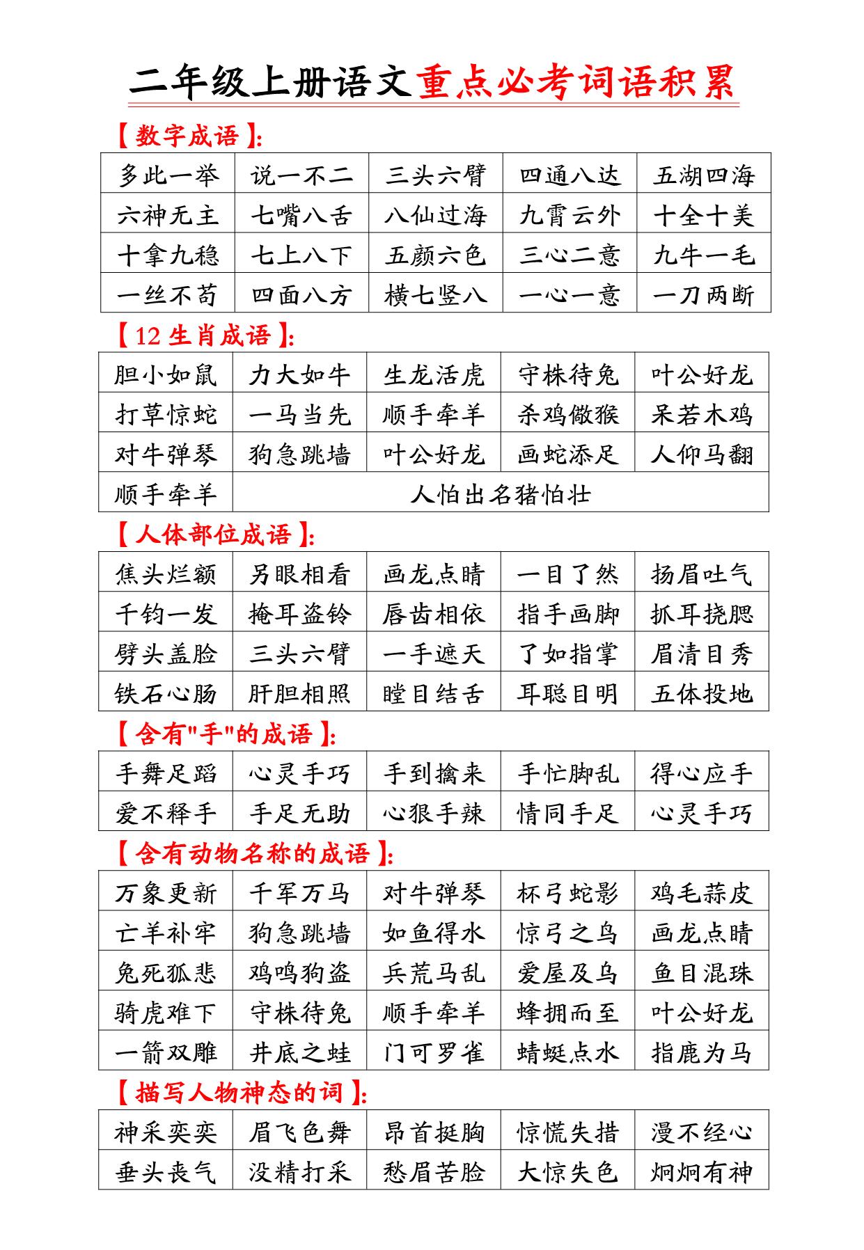 图片[2]-二年级上册语文重点必考词语积累，6页PDF可打印-淘学学资料库