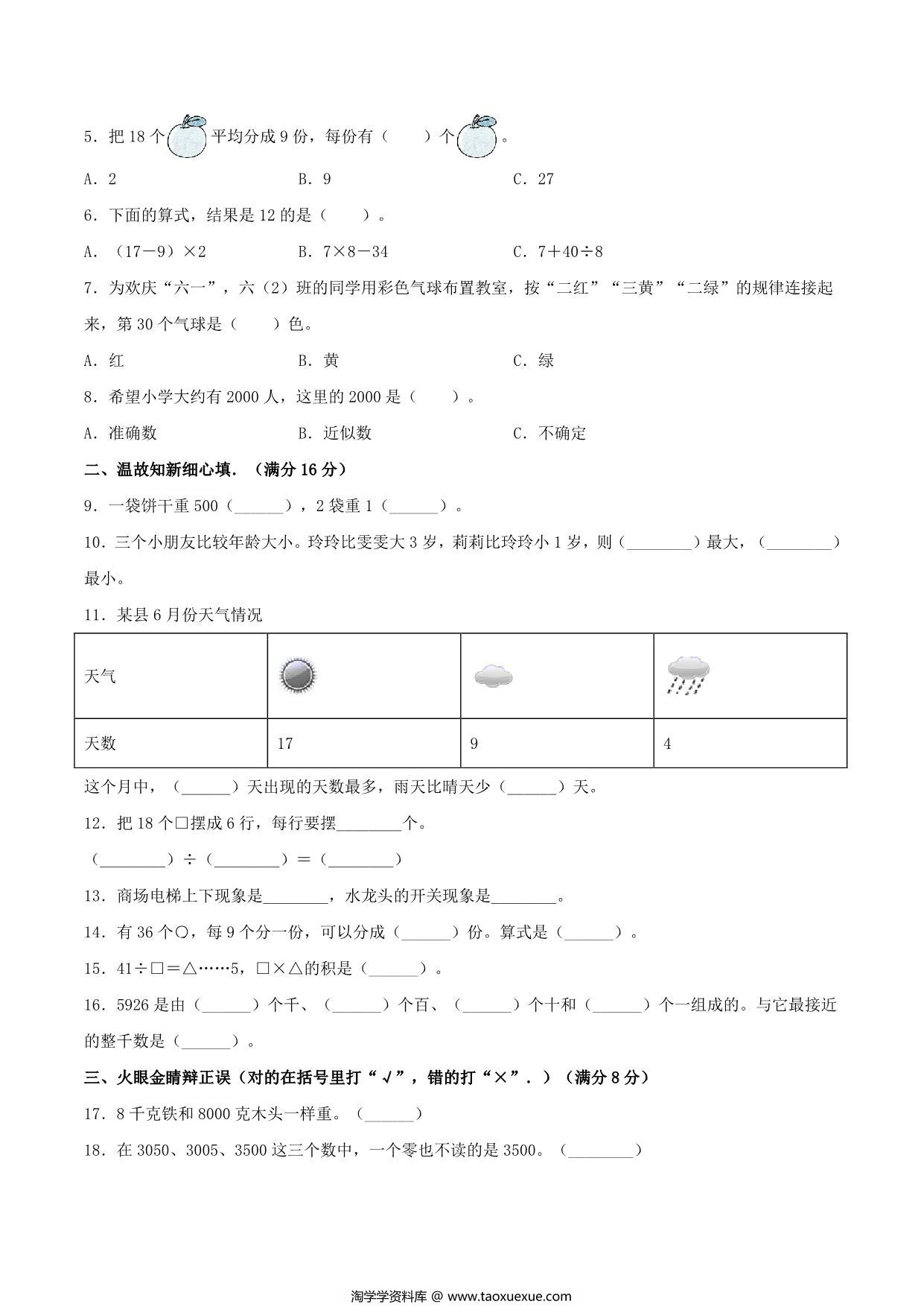 图片[2]-二年级下册数学期末夺冠素质测评+黄金易错题精选卷（人教版），6页PDF电子版-淘学学资料库