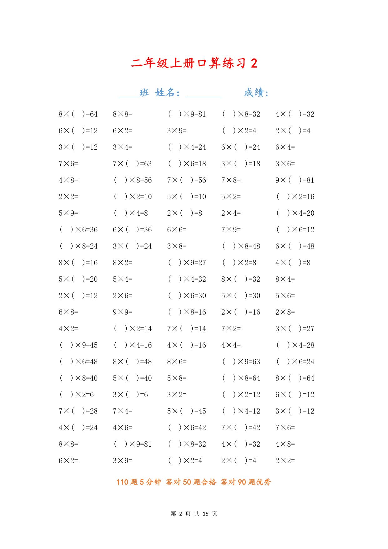 图片[2]-二年级数学上册【乘法口算填空题】，15页PDF电子版-淘学学资料库