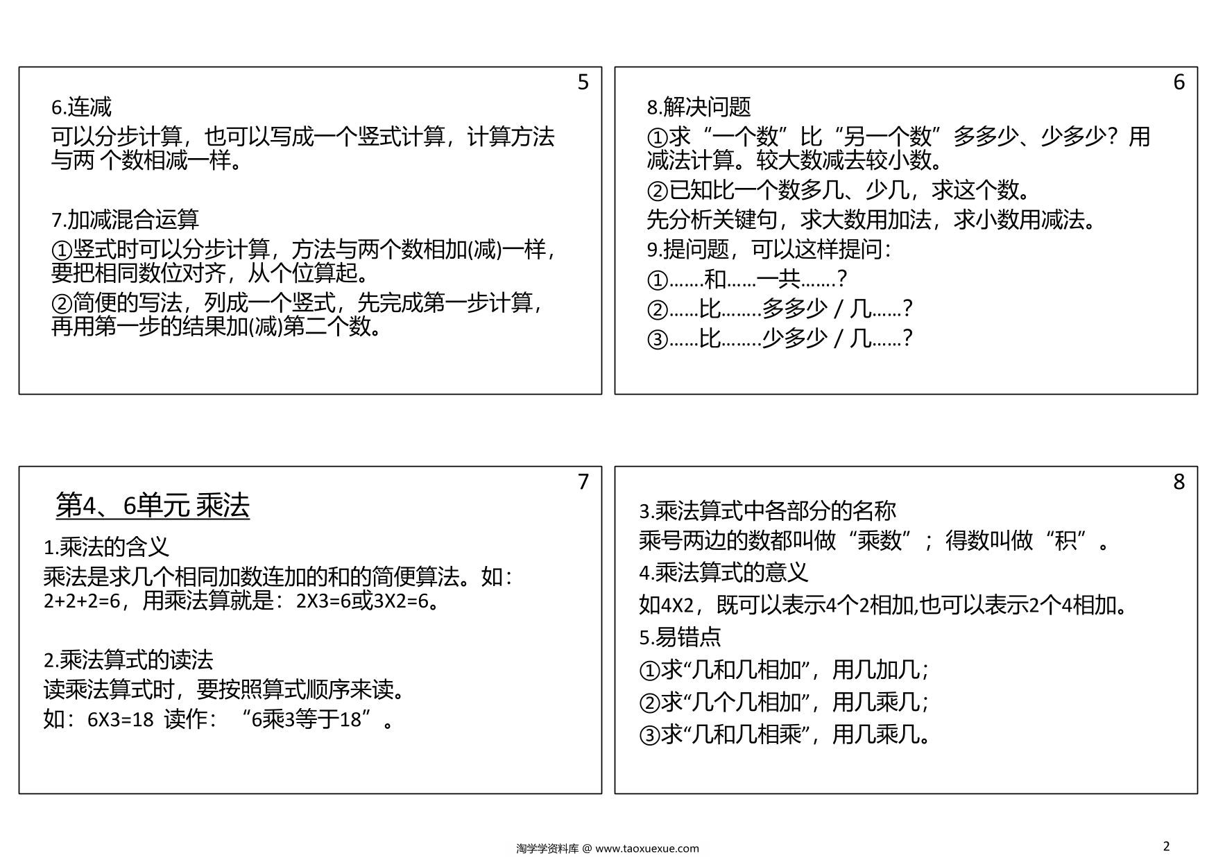 图片[2]-二年级数学上册必背笔记，5页PDF可打印-淘学学资料库