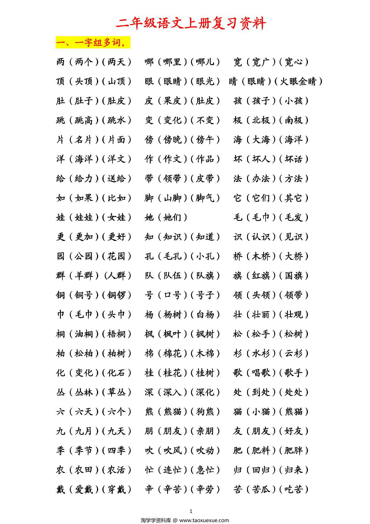 图片[1]-二年级语文上册期末复习资料，12页PDF可打印-淘学学资料库