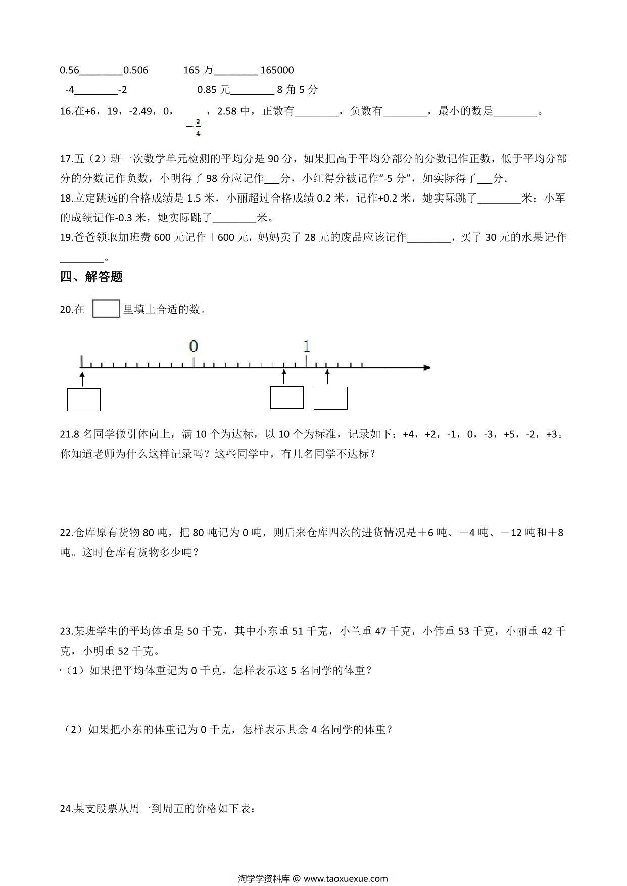 图片[2]-五年级上册数学第一单元【负数的初步认识】精华选题含答案（苏教版），6页PDF电子版-淘学学资料库