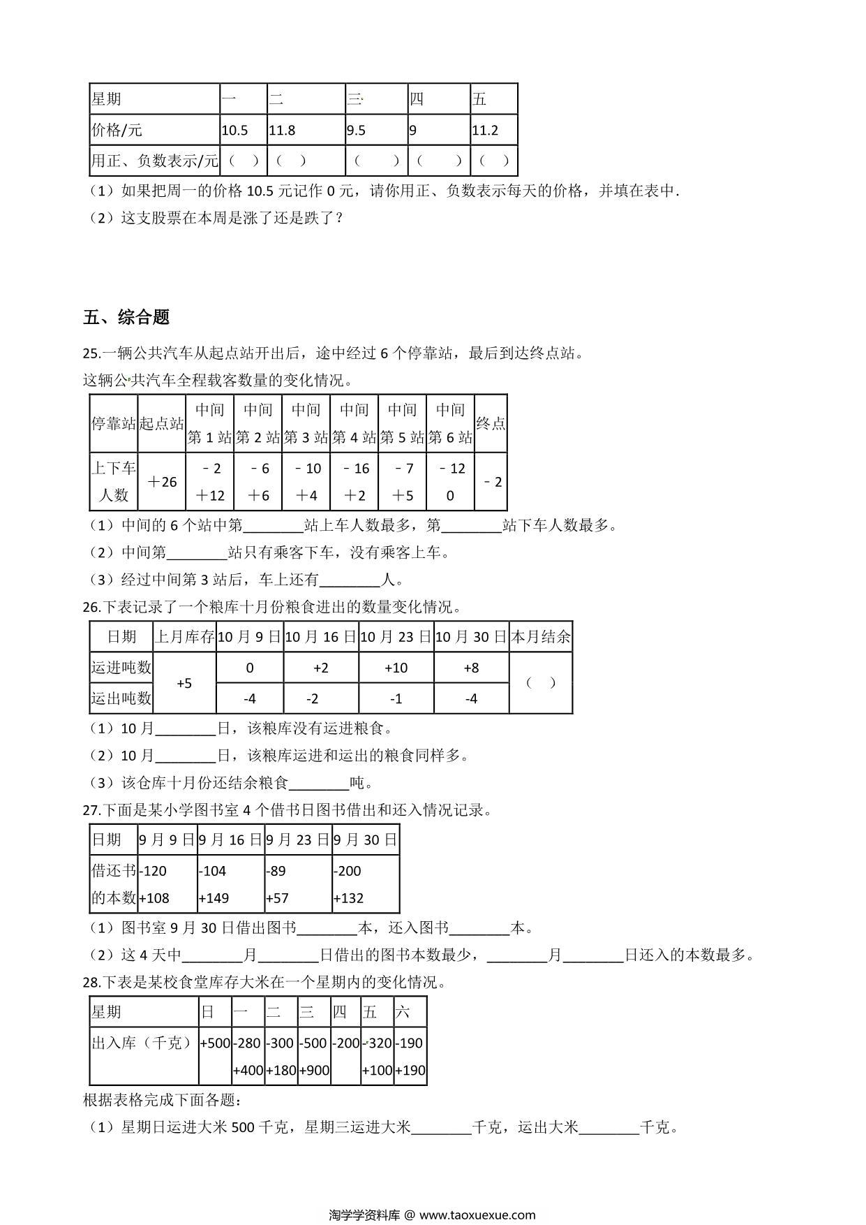 图片[3]-五年级上册数学第一单元【负数的初步认识】精华选题含答案（苏教版），6页PDF电子版-淘学学资料库