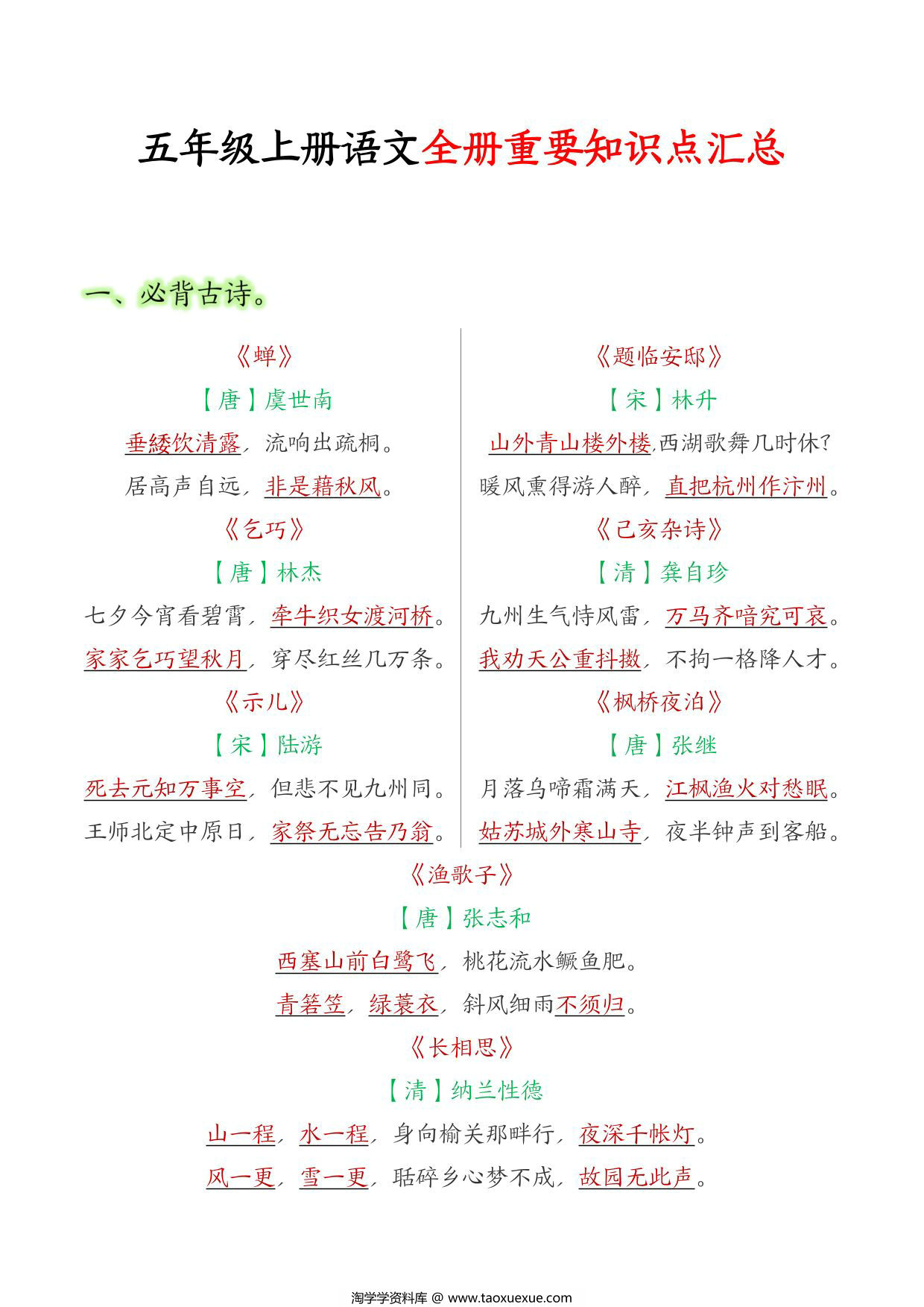 图片[1]-五年级上册语文全册重要知识点汇总，30页PDF可打印-淘学学资料库