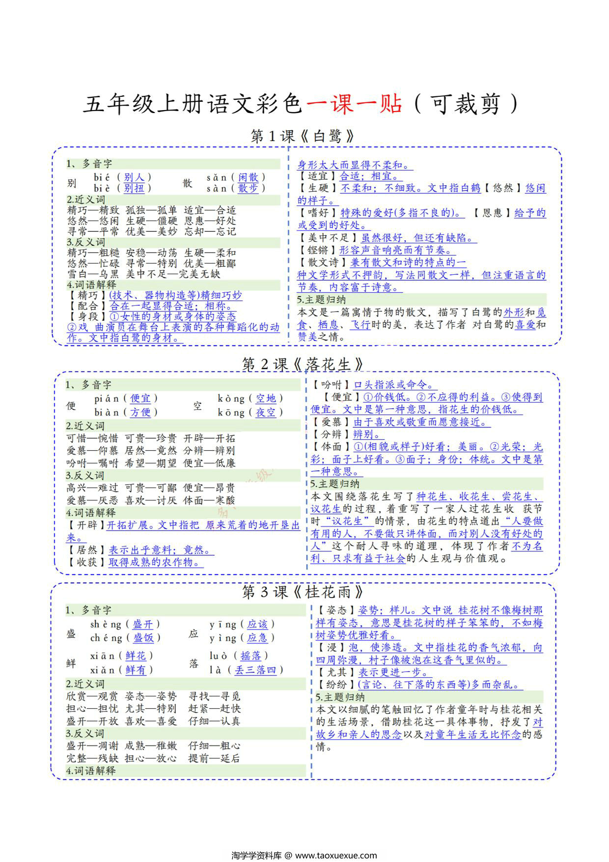 图片[1]-五年级上册语文彩色一课一贴课课贴，4页PDF电子版-淘学学资料库