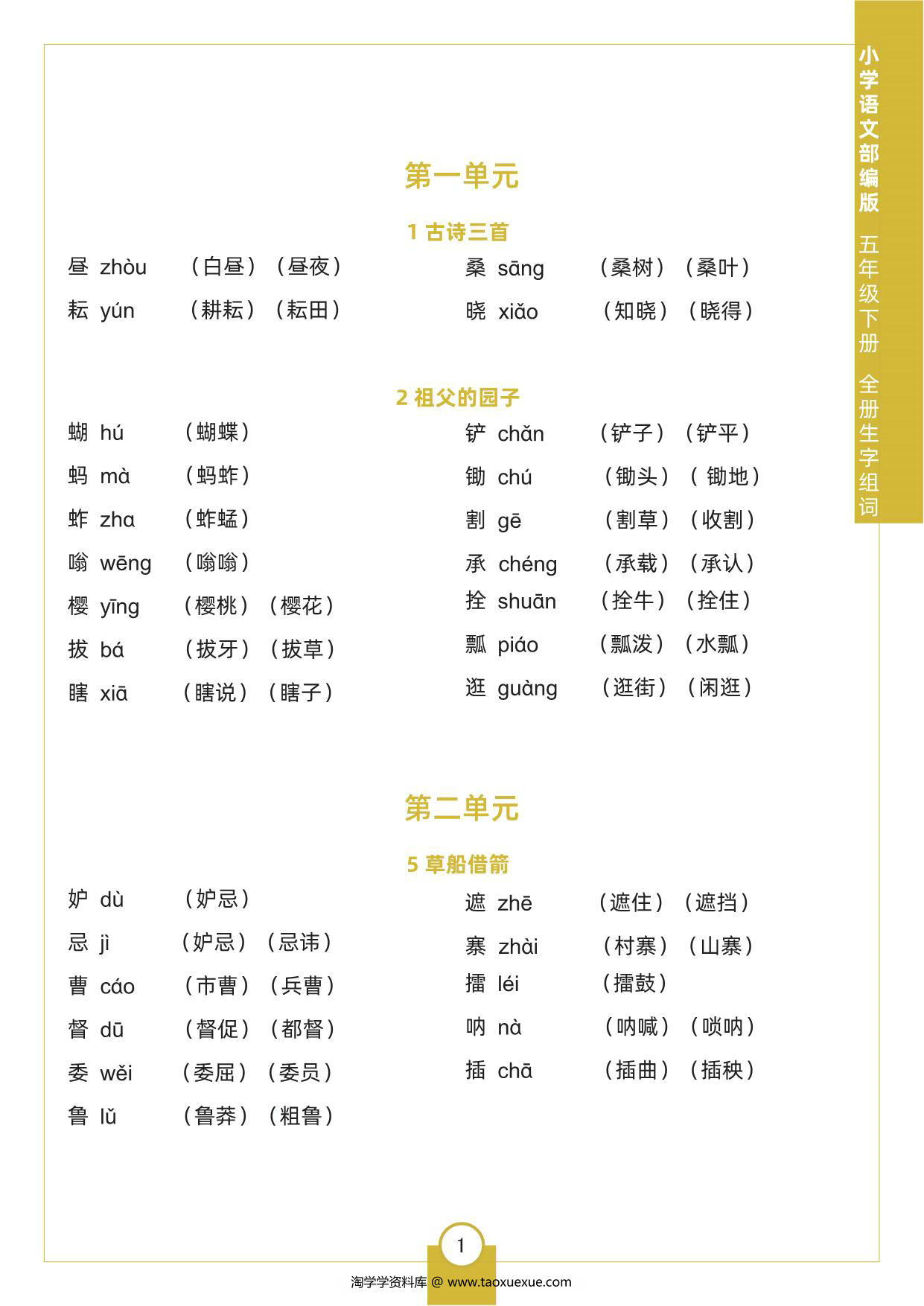 图片[1]-五年级下册语文全册生字组词，5页pdf电子版-淘学学资料库