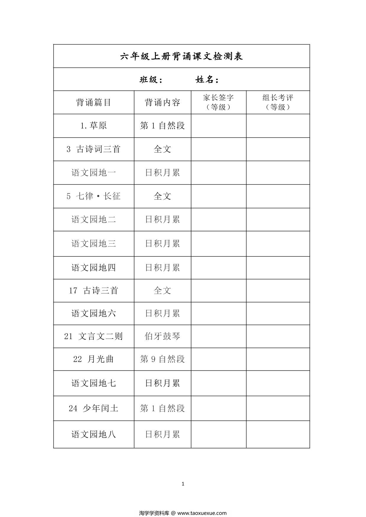 图片[1]-六年级上册语文背诵课文检测表及内容，7页PDF可打印-淘学学资料库