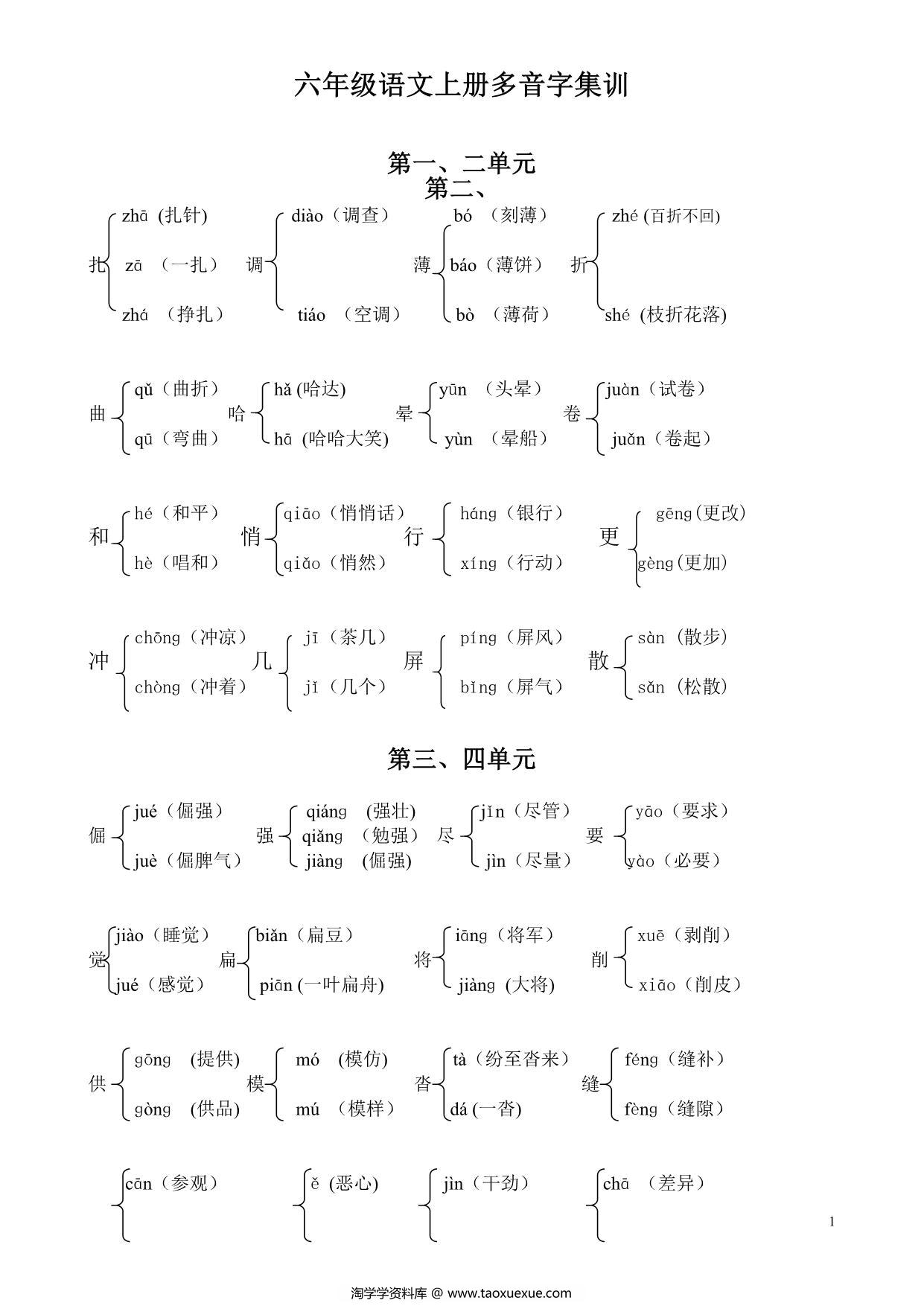 图片[1]-六年级语文上册多音字及组词汇总，2页PDF可打印-淘学学资料库