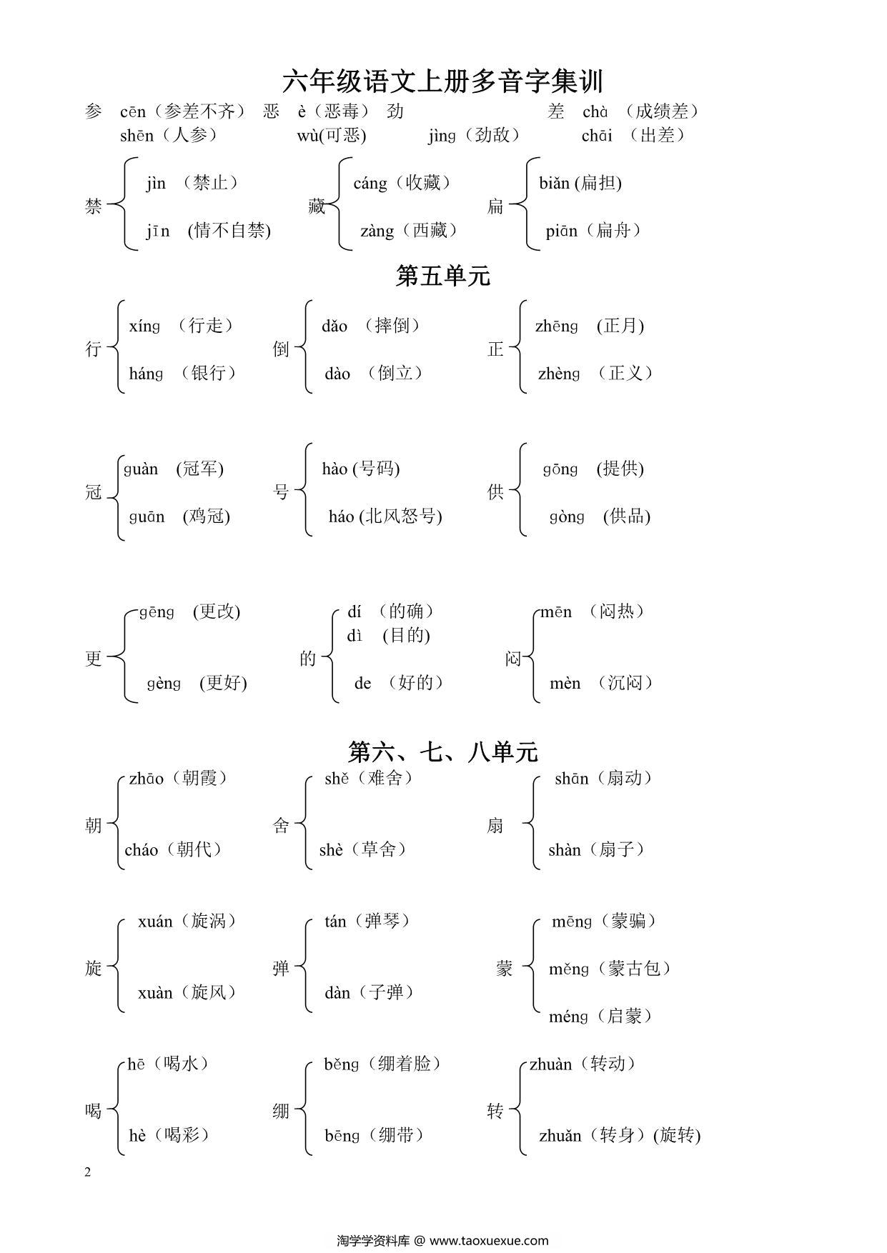 图片[2]-六年级语文上册多音字及组词汇总，2页PDF可打印-淘学学资料库