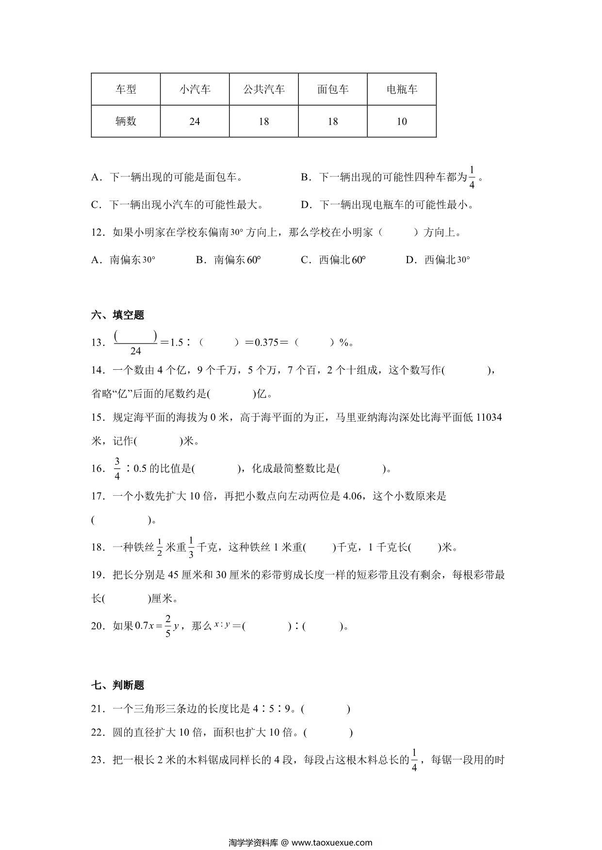 图片[3]-分班考高频考点冲刺卷（试题）-小学数学六年级下册人教版，18页PDF可打印-淘学学资料库