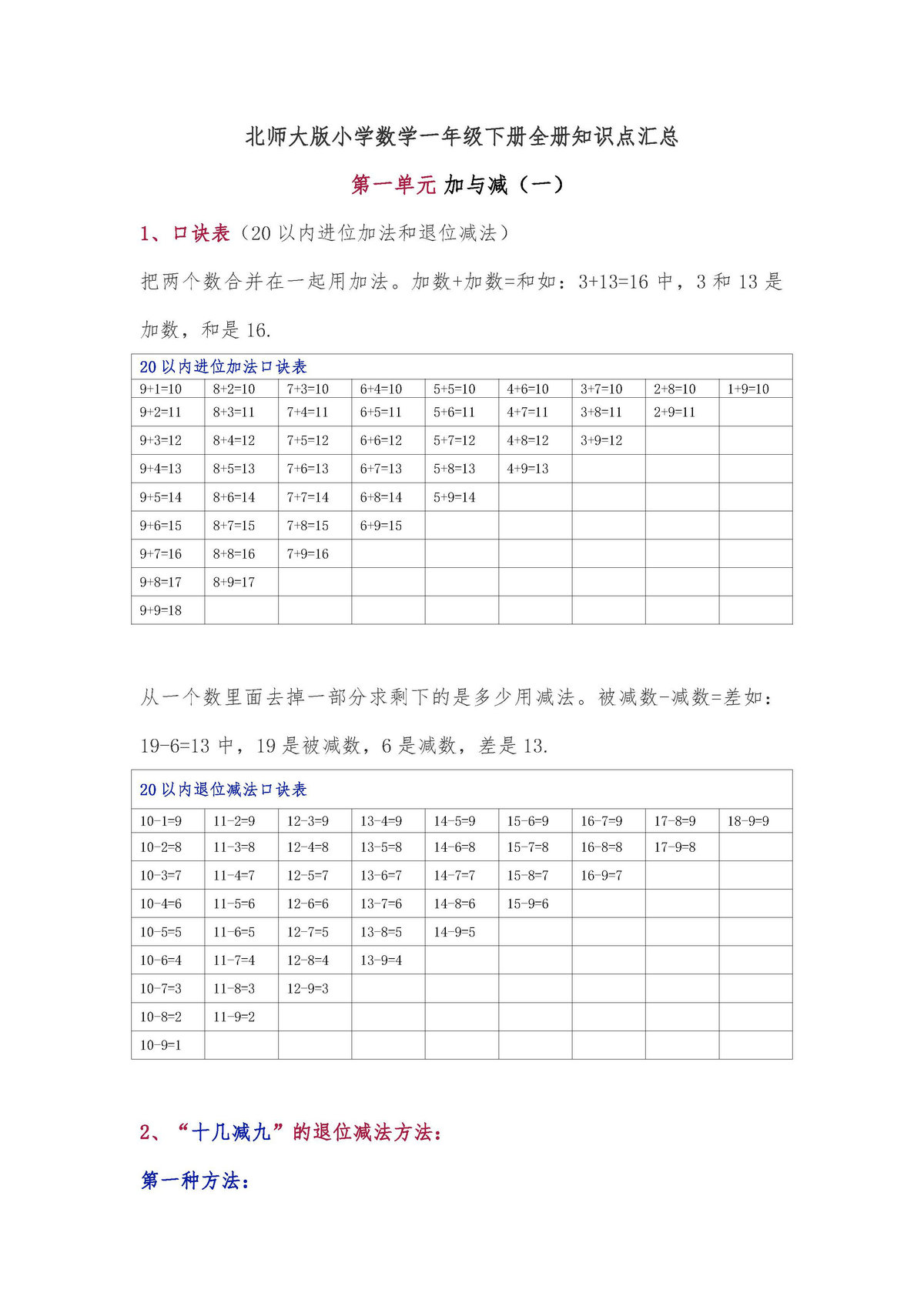 图片[1]-北师大版小学一年级数学下册全册知识点汇总-淘学学资料库