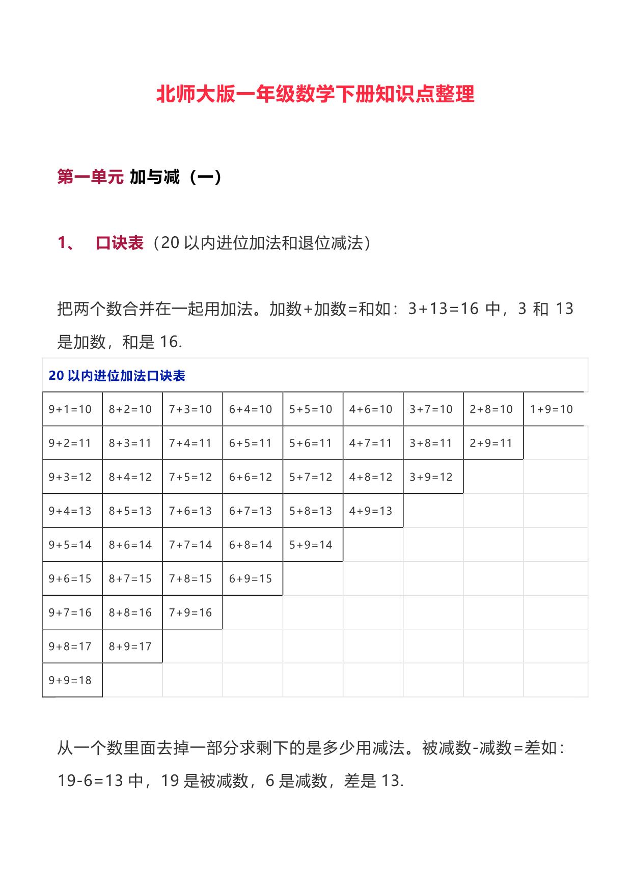 图片[1]-北师大版数学一年级下册期末复习知识点整理 9页PDF-淘学学资料库