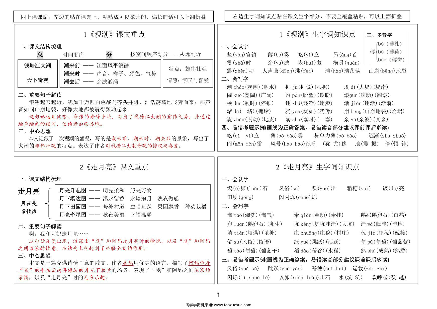 图片[1]-四年级上册语文课课贴（课文重点+生字词知识点），12页PDF可打印-淘学学资料库