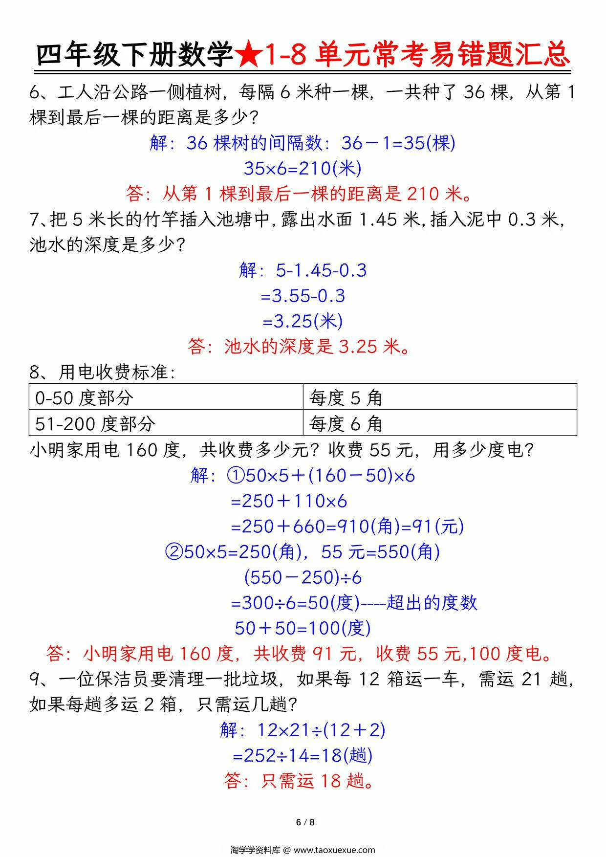 图片[3]-四年级下册数学1-8单元常考易错题汇总，16页PDF电子版-淘学学资料库