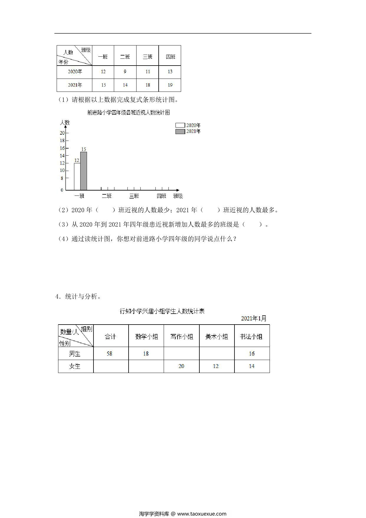 图片[2]-第6练 统计表和条形统计图（二） 应用题常考易错题专项汇编（试题） 小学数学五年级上册（苏教版，含答案），22页PDF可打印-淘学学资料库