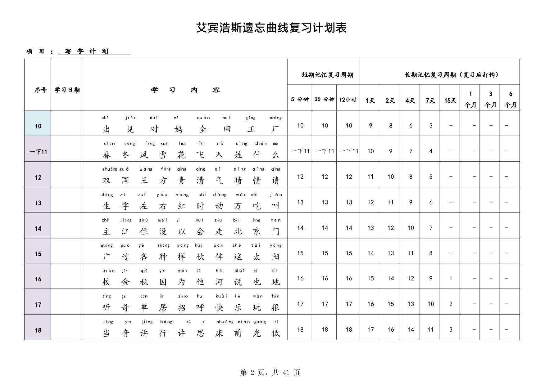 图片[2]-艾宾浩斯曲线生字表（1-6年级全册），41页PDF电子版-淘学学资料库