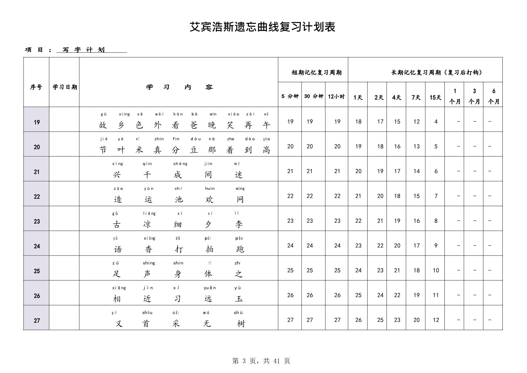 图片[3]-艾宾浩斯曲线生字表（1-6年级全册），41页PDF电子版-淘学学资料库