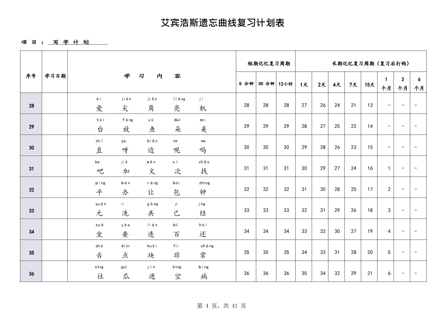 图片[4]-艾宾浩斯曲线生字表（1-6年级全册），41页PDF电子版-淘学学资料库