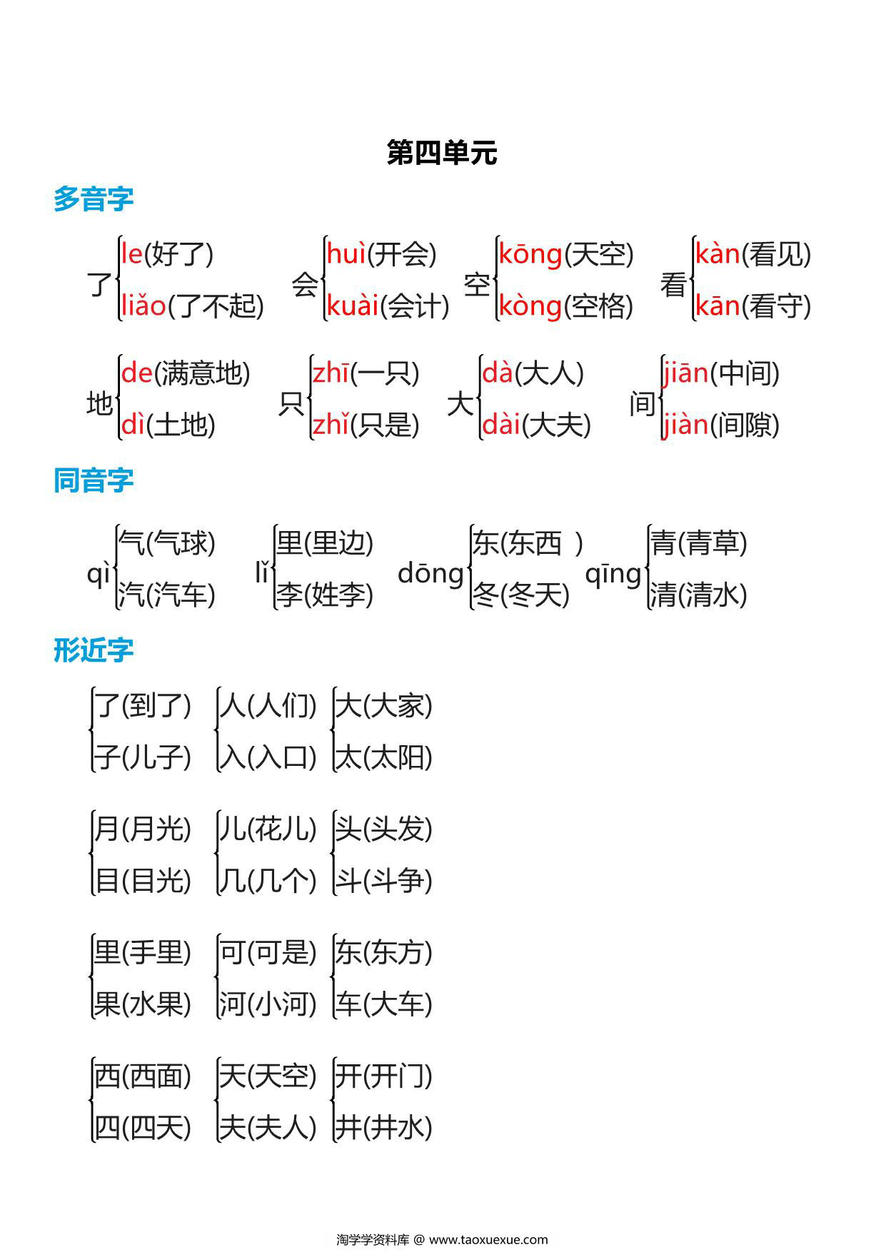 图片[2]-部编一年级语文上册【多音字+形近字】组词汇总 6页PDF-淘学学资料库