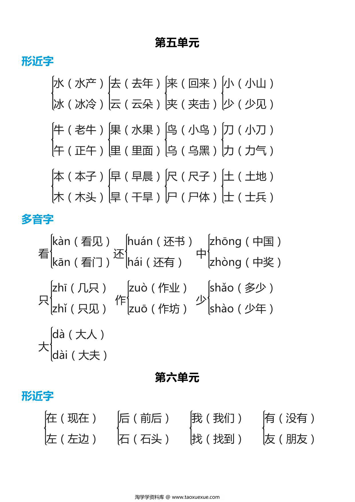 图片[3]-部编一年级语文上册【多音字+形近字】组词汇总 6页PDF-淘学学资料库