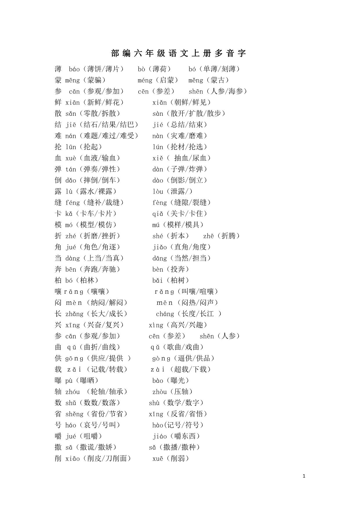 图片[1]-部编六年级语文上册多音字，6页PDF-淘学学资料库