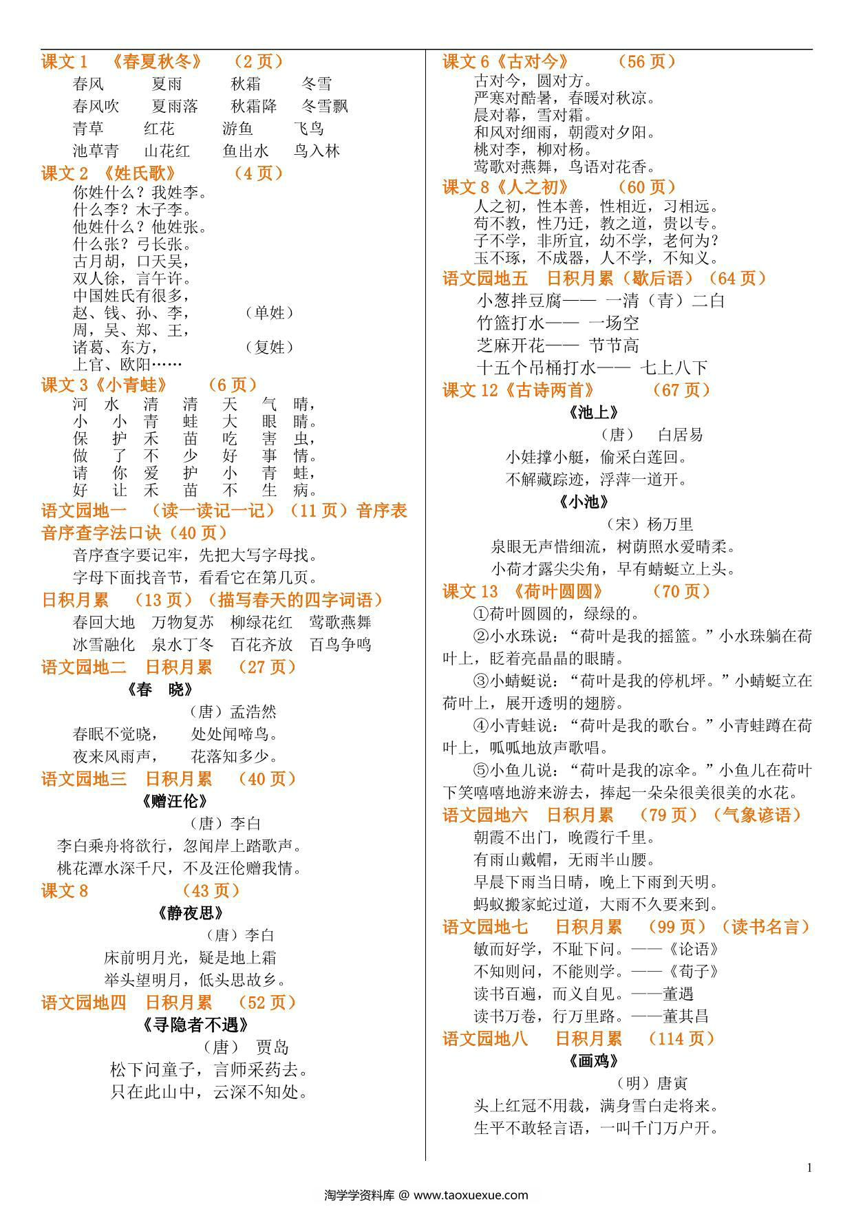 图片[1]-部编版一年级下册语文知识点(要求背诵) 2页PDF-淘学学资料库